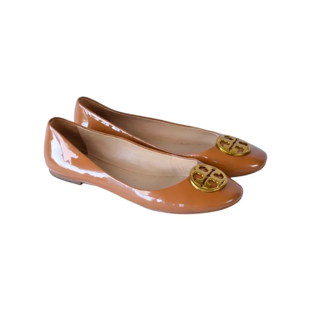 Tory Burch Chelsea Ballet Flats - Umber Tan Patent Leather Logo Medallion 6.5M